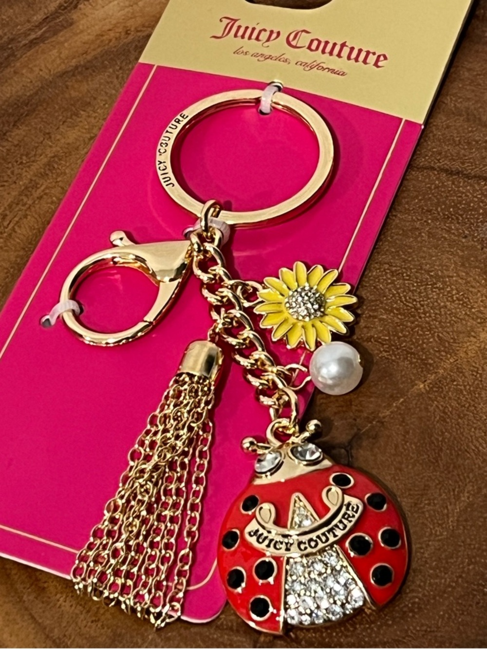 Juicy Couture Gold-Tone Red Ladybug Bag CharmKeyring with Yellow Daisy and Pearl